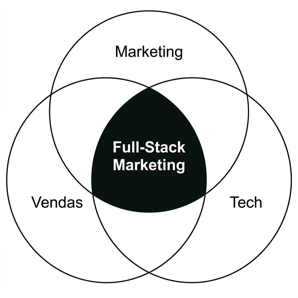 Diagrama de Venn — Full-Stack Marketing na interseção de Marketing, Vendas e Tech